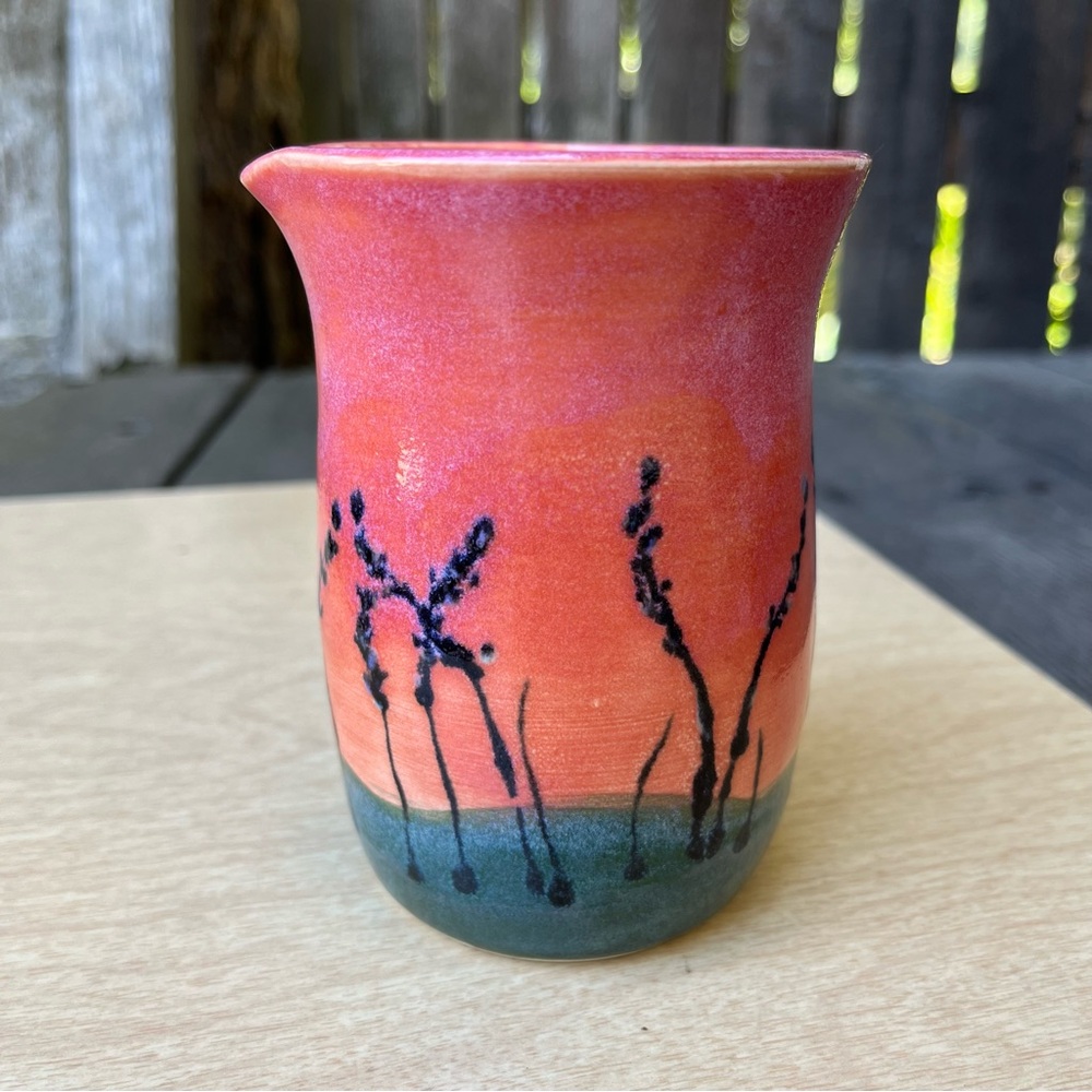 Handmade Hand Painted  Ceramic Pitcher Creamer Floral Sunset